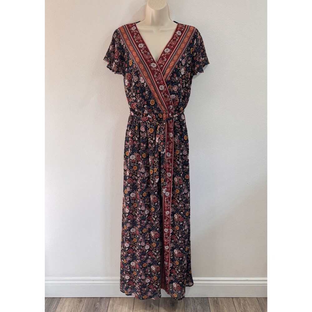 Xhilaration Shirt Dress L Maxi Faux Wrap Bohemian Floral Chiffon Short Sleeve